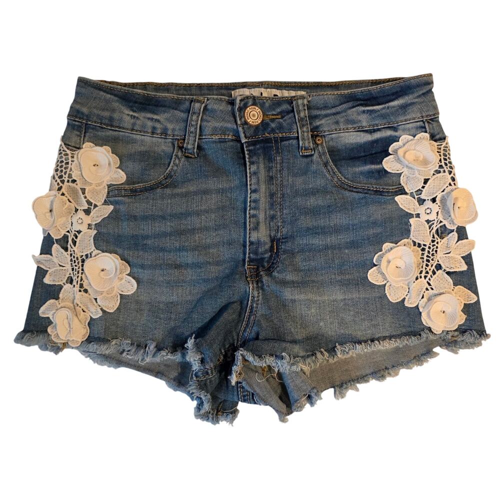 Indigo Rein Floral Crochet Lace Denim Cutoff Shorts Size 5/27 Boho Coastal